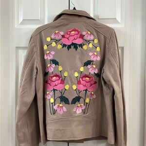 Embroidered Floral Leather Jacket in Tan